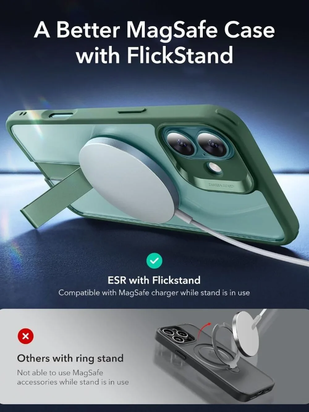 ESR iPhone 16 Plus Kickstand Case, MagSafe Clear Green Military Grade Shockproof